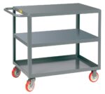 The Little Giant Welded Service Cart, with its sturdy gray design and two open shelves, features a handle and four red and gray swivel wheels for easy mobility, making it perfect for transporting items in industrial or office environments.