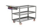 Meet the Little Giant 3-Shelf Order Picking Truck, a sturdy gray metal utility cart with three open shelves, red swivel casters, side handle, and a top ledge for clipboards and documents to ensure easy efficiency.