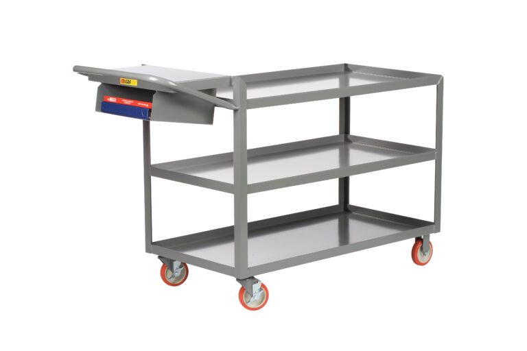 Meet the Little Giant 3-Shelf Order Picking Truck, a sturdy gray metal utility cart with three open shelves, red swivel casters, side handle, and a top ledge for clipboards and documents to ensure easy efficiency.