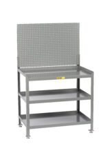 The Little Giant Stationary Steel Workstation, a gray metal unit with a perforated back panel for tool hanging, features three flat shelves and adjustable feet. This sturdy workstation is ideal for any garage or workshop.
