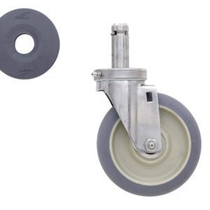 A gray caster wheel with a metal bracket is shown, alongside a disassembled round gray rubber bumper. The wheel features a smooth surface and rotates under the bracket, which has a vertical metal stem for attachment.