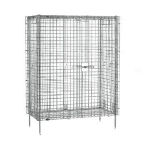 The Metro SEC55C Super Erecta Stationary Security Shelving Unit in chrome features a wire cage with a grid pattern, hinged door, and latch. It stands on four sturdy legs and measures 27.25 x 50.5 x 66.8125.