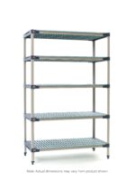 The MetroMax 4 5X557G4 Shelving Unit features a stylish gray frame with black accents and five adjustable slatted shelves, sized at 24 x 48 x 74, standing elegantly against a white background for style and practicality.