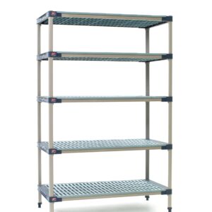 The MetroMax 4 5X557G4 Shelving Unit features a stylish gray frame with black accents and five adjustable slatted shelves, sized at 24 x 48 x 74, standing elegantly against a white background for style and practicality.