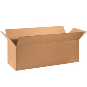 An empty MH-USA 40 x 14 x 14 Long Corrugated Box (15/Bundle) with open flaps sits against a white background, highlighting its ample space and sturdy construction.
