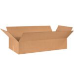 The open brown cardboard box with raised flaps is an MH-USA 40 x 18 x 8 Corrugated Box against a white background. Rectangular and empty, it comes in bundles of ten, perfect for packaging needs.