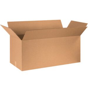 A MH-USA 40 x 20 x 20 corrugated box, part of a bundle of 10, stands open with its flaps up against a pristine white background.
