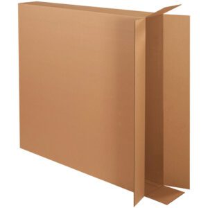 A large, flat cardboard box marked MH-USA 40 x 6 x 40 Side Loading Boxes (20/Bundle) stands upright against a white background with an open flap revealing its empty interior, ideal for packaging or storage needs.