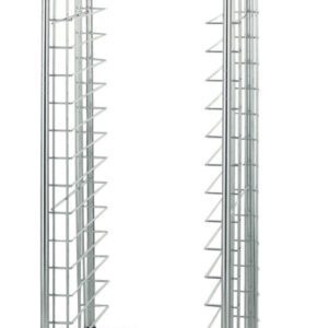 The Metro RE1 End-Load Wire Bun Pan Rack features 1.5 slide spacing and a sturdy grid structure, offering easy mobility with four robust black caster wheels while holding multiple trays.