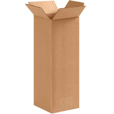 4410.jpg A tall MH-USA 4 x 4 x 10 corrugated box from the 25/Bundle stands upright with flaps partially folded outwards, showcasing its simple design against a neutral background.