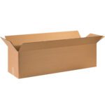 A large, open rectangular brown cardboard box with flaps partially folded outward, like the MH-USA 44 x 12 x 12 Long Corrugated Boxes (15/Bundle), is empty and set against a plain white background.