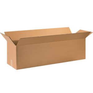 A large, open rectangular brown cardboard box with flaps partially folded outward, like the MH-USA 44 x 12 x 12 Long Corrugated Boxes (15/Bundle), is empty and set against a plain white background.