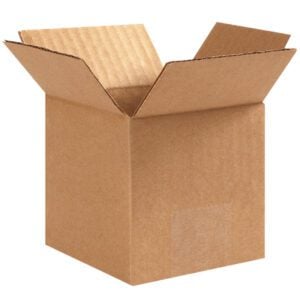 An open MH-USA 4 x 4 x 4 corrugated box with unfolded flaps stands poised against a white backdrop, revealing its pristine texture. This light brown box is part of a convenient 25-box bundle.