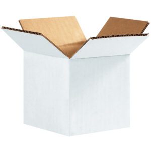 An open MH-USA 4 x 4 x 4 white corrugated box with outward-folded flaps, displaying a plain white exterior and natural brown interior, is set against a white background, accentuating its simplicity and functionality.