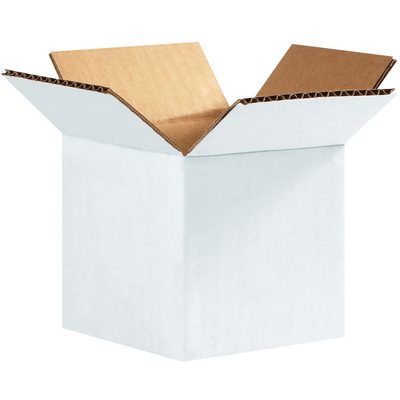 444W.jpg An open MH-USA 4 x 4 x 4 white corrugated box with outward-folded flaps, displaying a plain white exterior and natural brown interior, is set against a white background, accentuating its simplicity and functionality.