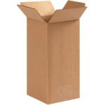 A tall MH-USA 4 x 4 x 8 corrugated box from a convenient 25-box bundle stands upright against a white background with its flaps unfolded, showcasing its brown texture and interior.