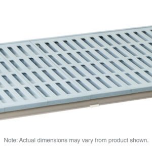 The MetroMax 4 MAX4-2430G Plastic Industrial Shelf with Grid Mat, measuring 24 x 30, features a plastic slatted floor with blue corner accents and gray nubs. Actual dimensions may vary slightly from the product shown.