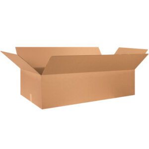 An MH-USA 46 x 20 x 12 corrugated cardboard box with flaps extended outward is displayed against a plain white background, highlighting its robust design. Part of the MH-USA 46 x 20 x 12 Corrugated Boxes (10/Bundle).