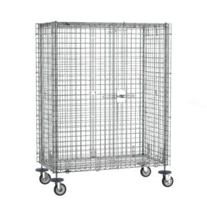 The Metro SEC55EC Super Erecta Mobile Security Shelving Unit in chrome measures 27.25 x 52.75 x 67.9375. This large metal wire cage on four wheels includes a door latch, making it ideal for secure transport or storage.