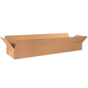 A long MH-USA 48 x 12 x 6 corrugated box sits on a white background with partially raised flaps, revealing its depth and elongated shape.