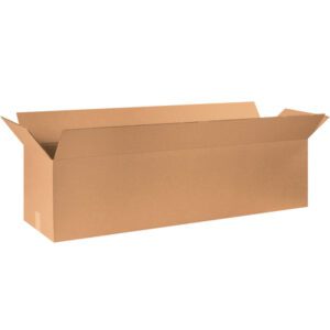 A long, rectangular cardboard box with open flaps highlights its 48 x 16 x 16 dimensions as part of the MH-USA Long Corrugated Boxes (10/Bundle), set against a plain white background.