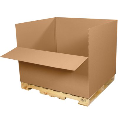 484036EL.jpg A plain brown MH-USA 48 x 40 x 36 Easy Load Cargo Container, with one side down, sits on a wooden pallet against a white background.