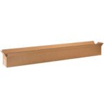The MH-USA 48 x 4 x 4 long corrugated box features open flaps, perfect for shipping tall or elongated items. Its plain brown design lacks visible markings and is horizontally set against a white background. Sold in bundles of 25.