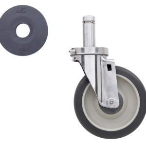 A gray and black caster wheel with a metal bracket is positioned on the right. To the left, a round, flat rubber component with Metro text is shown. Both items are on a white background.