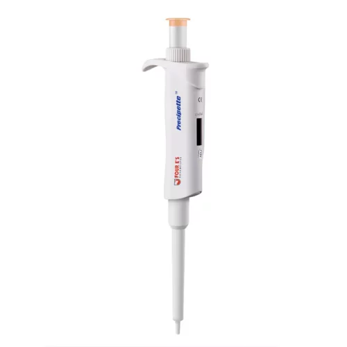 A white and gray adjustable lab pipette with a digital display, featuring brand labels on its body. The pipette has a plunger with a beige button and is designed for precise liquid measurement and transfer.