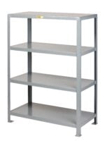 The Little Giant Heavy-Duty Welded Steel Shelving is a gray metallic unit with four shelves, featuring simple construction and clean lines perfect for storage or organization. It stands on a flat surface with a small yellow label on the top front edge for easy identification.