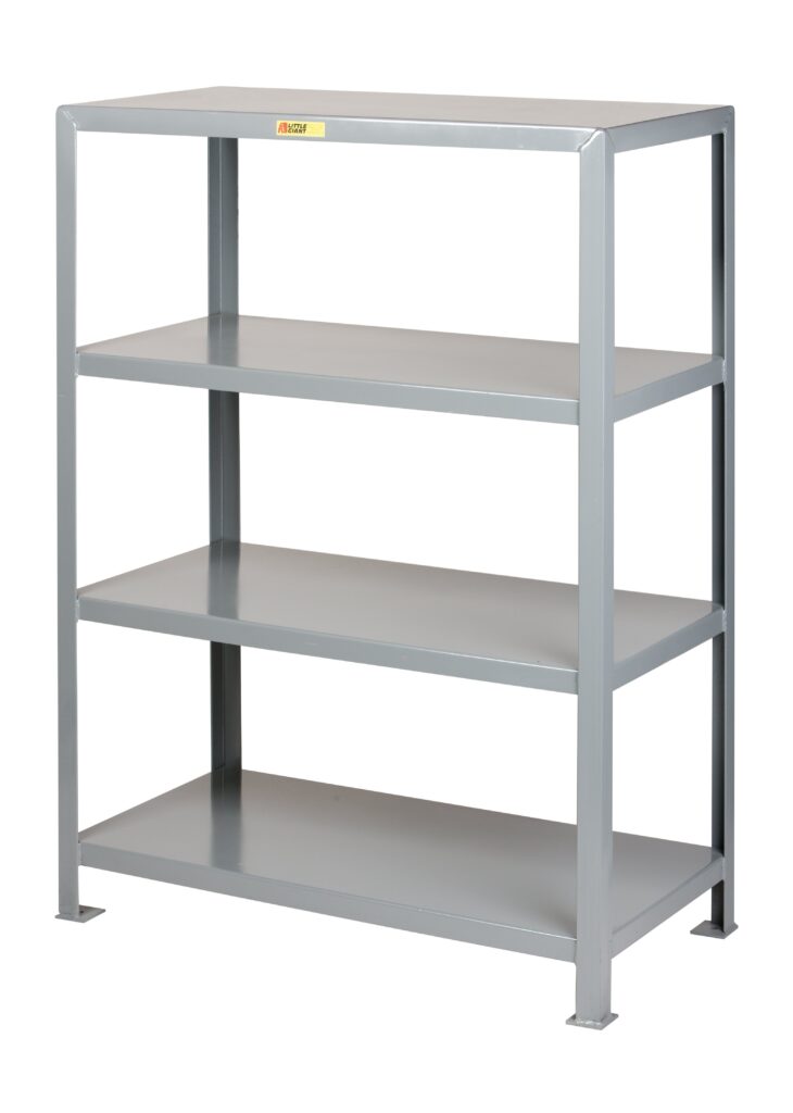 The Little Giant Heavy-Duty Welded Steel Shelving is a gray metallic unit with four shelves, featuring simple construction and clean lines perfect for storage or organization. It stands on a flat surface with a small yellow label on the top front edge for easy identification.
