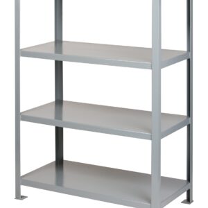 The Little Giant Heavy-Duty Welded Steel Shelving is a gray metallic unit with four shelves, featuring simple construction and clean lines perfect for storage or organization. It stands on a flat surface with a small yellow label on the top front edge for easy identification.