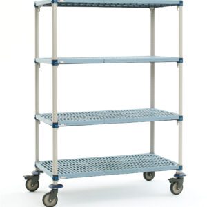 The MetroMax Q Q566EG3 mobile cart features four blue open grid shelves, a gray frame, and caster wheels. Its dimensions are 24 x 60 x 68, with a note that actual dimensions may vary from the product shown. The unit is displayed against a plain white background.