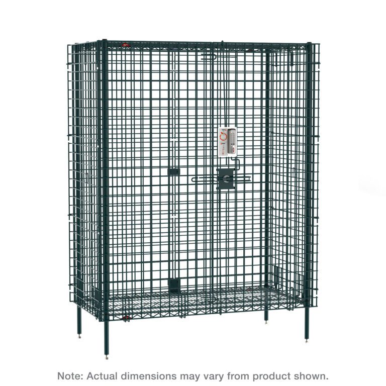The Metro SEC56K3PL Super Erecta Stationary Security Shelving Unit features a Metroseal Green Epoxy finish, electronic PIN lock, and stands on four legs with dimensions 27.25 x 62.5 x 66.81. Note: Actual dimensions may vary from product shown.