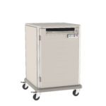 A secure, beige medical cart with a lockable drawer, mounted on four wheels. The cart has a numeric keypad for securing the top drawer and a handle for easy maneuverability.