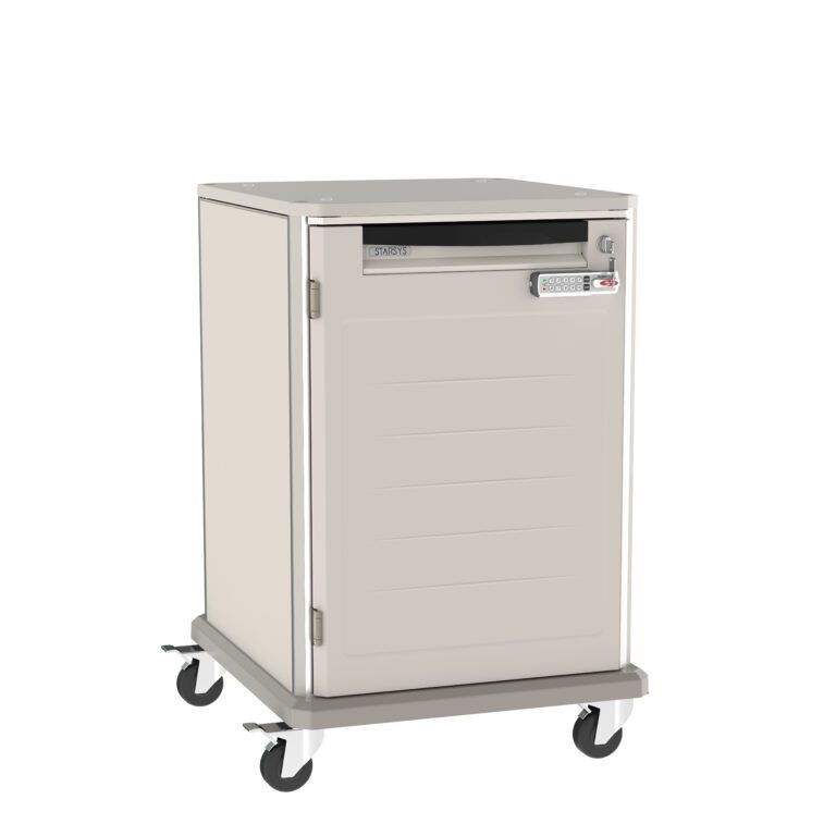 A secure, beige medical cart with a lockable drawer, mounted on four wheels. The cart has a numeric keypad for securing the top drawer and a handle for easy maneuverability.