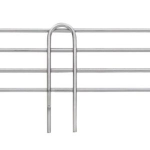 Three parallel chrome rods and two U-shaped supports form a sleek rack against a white backdrop. This design showcases the Metro L36N-4C Super Erecta 4 High Stackable Ledge for Wire Shelving, offering both functionality and modern design in chrome at 36 high.