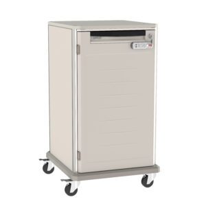 The Metro SXR40PL2 Starsys is a 40 tall undercounter storage cart in light beige, featuring an electronic PIN lock and front handle. Its four wheels provide mobility, while the rectangular shape with smooth edges supports its minimalist design.