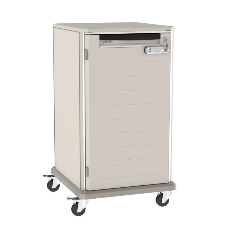 The Metro SXR40PL2 Starsys is a 40 tall undercounter storage cart in light beige, featuring an electronic PIN lock and front handle. Its four wheels provide mobility, while the rectangular shape with smooth edges supports its minimalist design.