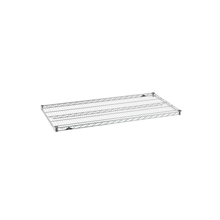 A metal wire shelving unit with a rectangular shape, designed for storage. It features a grid pattern for ventilation and support, typically used in homes or businesses for organizing items. The shelf is displayed on a white background.