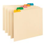 Five Smead Guides with multi-colored 1/5-cut tabs labeled A to E, arranged front to back. Each tab has a unique color for easy identification.