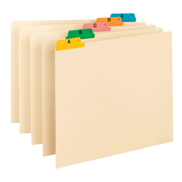 50180_L.jpg Five Smead Guides with multi-colored 1/5-cut tabs labeled A to E, arranged front to back. Each tab has a unique color for easy identification.