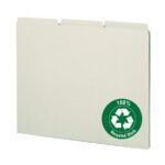 The Smead Pressboard Guides feature plain 1/3-cut tabs, designed for letter-size documents. Each folder is gray/green and includes a green circular label with 100% Recycled Stock. Available in boxes of 100 (50334).