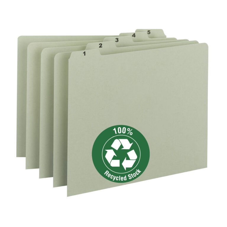 Five Smead Pressboard Guides, labeled 1 to 5 and arranged in a staggered stack, feature a green circle with the recycling symbol and 100% Recycled Stock text. These gray/green folders have 1/5-Cut Tabs (1-31) for easy organization.