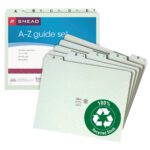 Introducing Smead Pressboard Guides, a set of 25 letter-size folders with A-Z 1/5-cut tabs. These durable guides in gray feature a green 100% Recycled symbol and are ideal for organization. Item number: 50376.