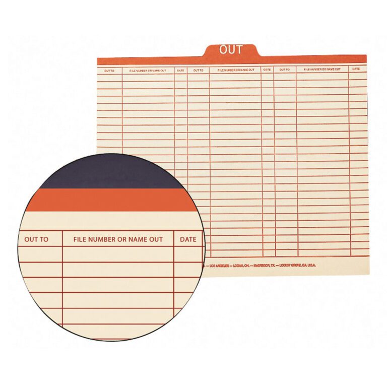 The Smead Out Guide Printed Forma Style, in Manila with a center-positioned 1/5-cut tab, features columns labeled OUT TO, FILE NUMBER OR NAME OUT, and DATE. Available in letter size, 100 per box (51910).