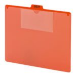 The Smead Poly Out Guide (51920) is a red, letter-sized file folder with a center-positioned 1/5-cut tab. It includes two pockets for organizing documents and comes in boxes of 50.
