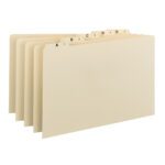 The Smead Guides set (52176) includes 25 manila legal size dividers with plain 1/5-cut tabs labeled A-Z, providing staggered and alphabetical tab placement for easy access.