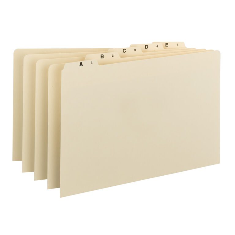 52176_01.jpg The Smead Guides set (52176) includes 25 manila legal size dividers with plain 1/5-cut tabs labeled A-Z, providing staggered and alphabetical tab placement for easy access.