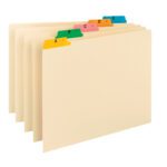 A set of 25 Smead Guides in manila legal size features multi-colored fused poly 1/5-cut tabs labeled A to E. Colors from yellow to blue are ready for your organizational needs (Product: 52180).